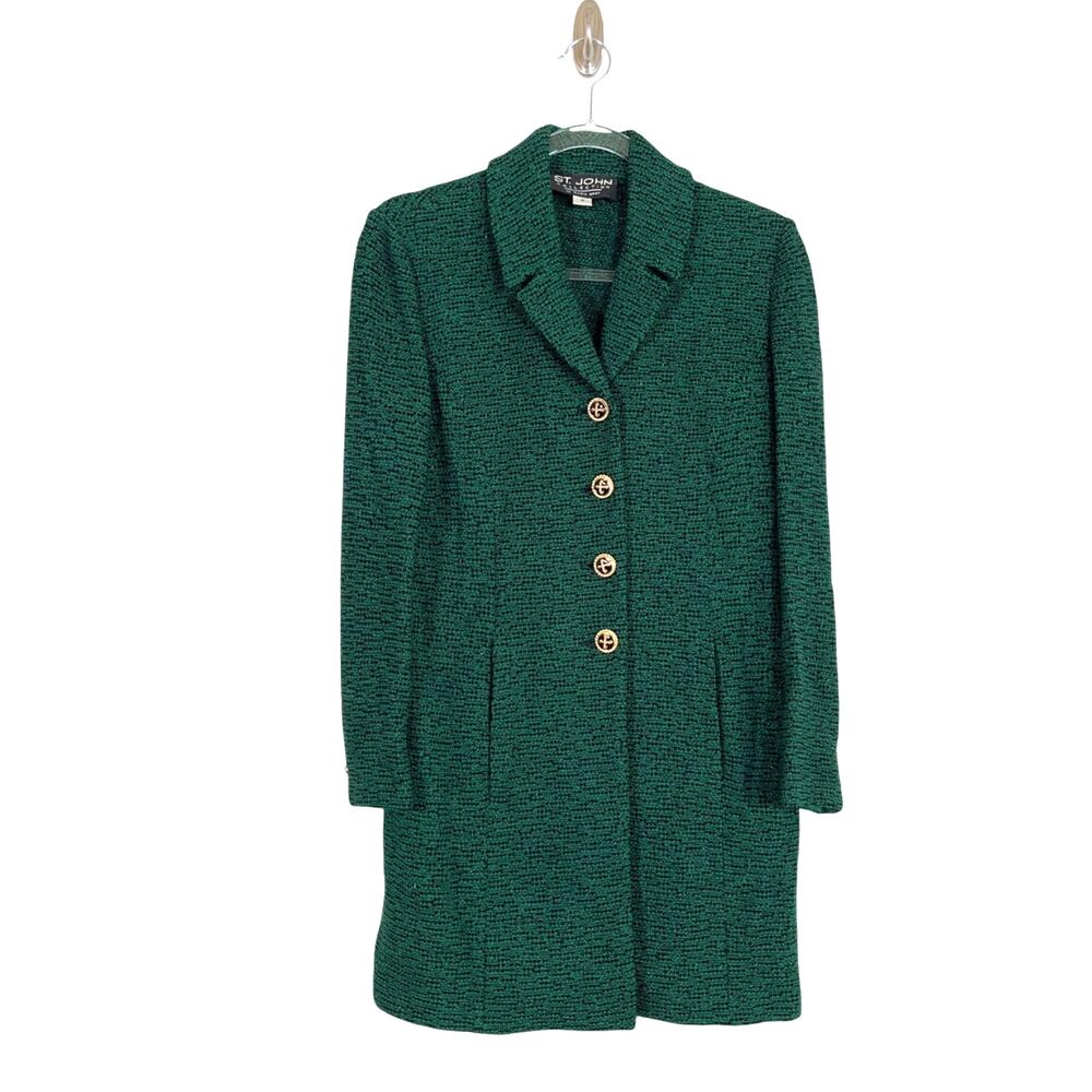 St. John Collection Green Black Metallic Knit Long Jacket Coat Size 4 Old Money